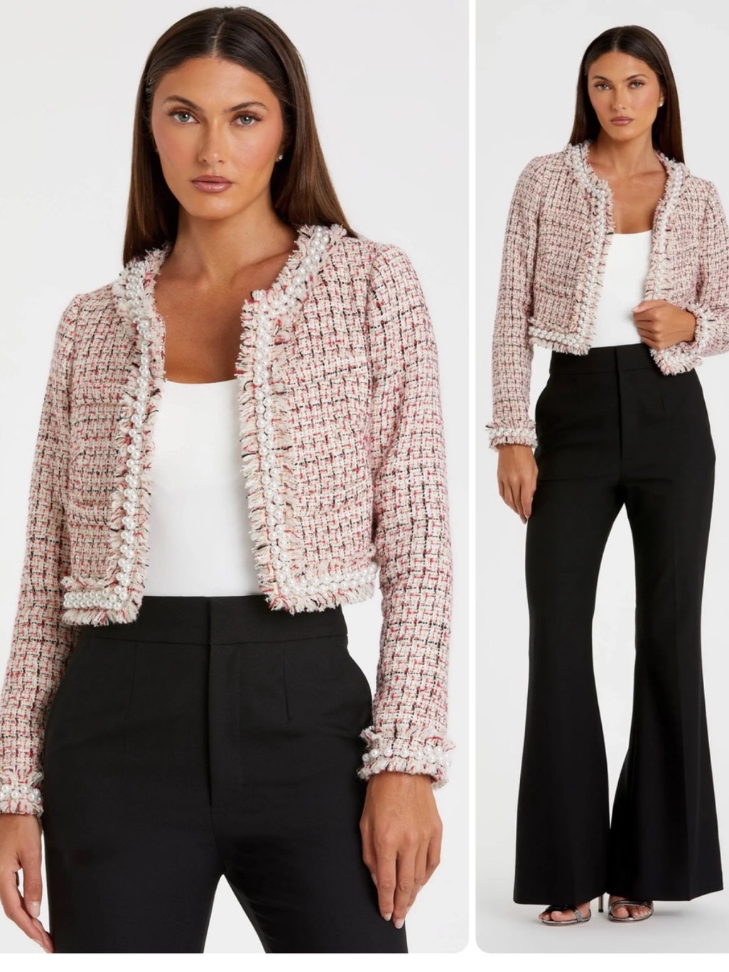 Nwt Mac Duggal Multicolor Pearl Trim Tweed Long Sleeve Cropped Blazer L , M
